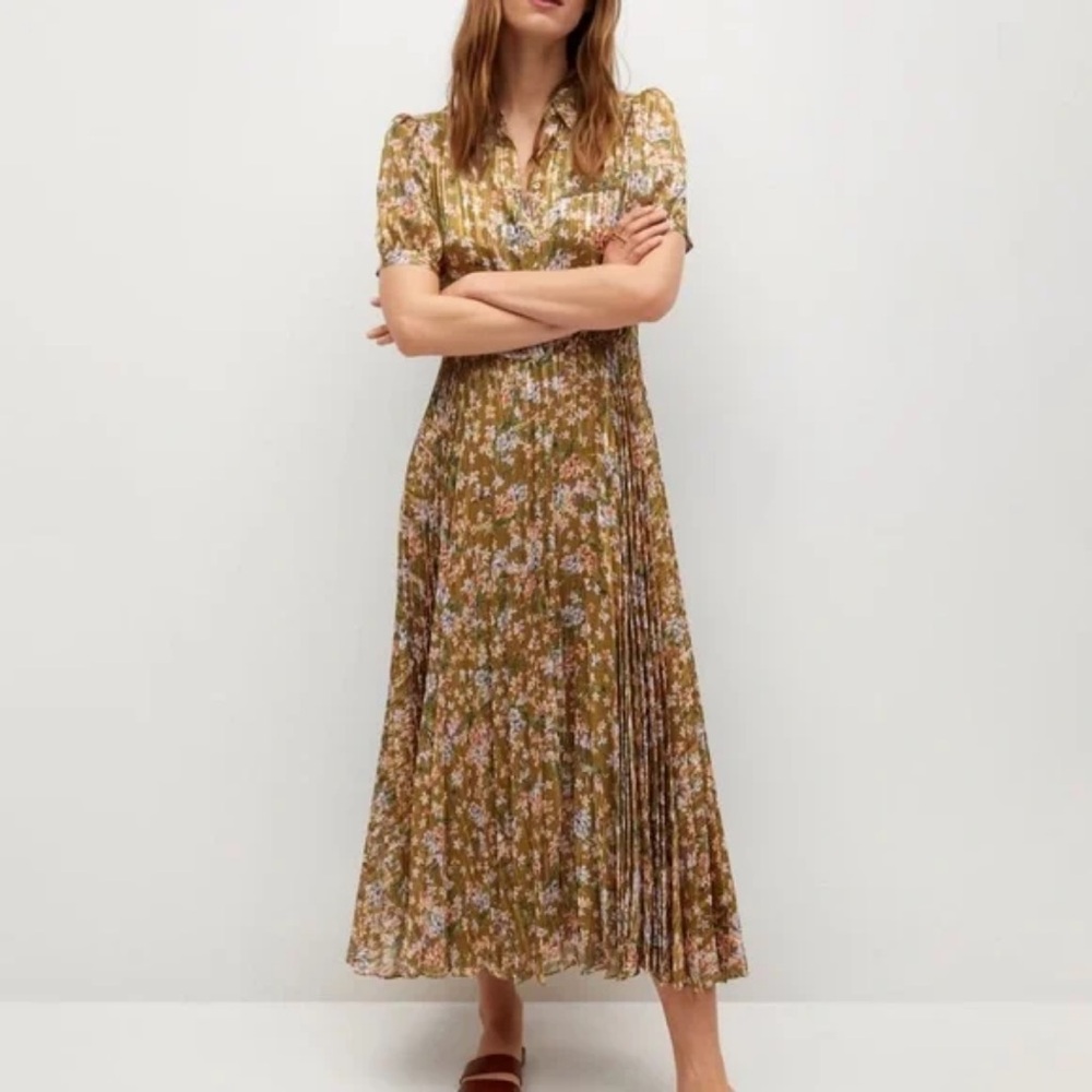Mango Floral Print Dress in Mustard & Gold Shimmers with Pink & Purple flowers.